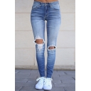 Female Basic Cool Mid Rise Bleach Distressed Frayed Cuffs Skinny Long Jeans in Azure