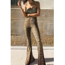 Women's Stylish Fashion High Waist Leopard Patterned Full Length Fitted Flared Pants in Brown