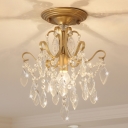 1 Bulb Living Room Flush Lamp Traditional Golden Mental Bent Armed Semi Flush Ceiling Light with Crystal Droplet