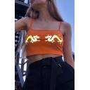 Sexy Girls' Orange Sleeveless Dragon Patterned Reflective Cotton Fitted Crop Cami