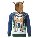 Unisex Cute Deer Horn Hood Christmas Elk Pattern Long Sleeve Pullover Hoodie