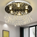 Nickel Round Flush Light Modernist 6 Bulbs Faceted Crystal Ceiling Mounted Fixture