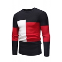 Mens Stylish Color Block Geometric Pattern Long Sleeve Slim Fit Knitted Pullover Sweater