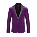 Mens Cool Contrast Peak Lapel Long Sleeve Single Button Velvet Tuxedo Suit Nightclub Fitted Blazer