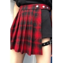 Cool Street Girls' High Waist Button Plaid Print Eyelet Buckle Cut Out Patched Asymmetric Pleated Flared Mini A-Line Skirt