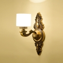 Frosted Glass Drum Sconce Lamp Vintage Stylish 1/2-Head Living Room Wall Mount Lighting in Brass