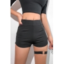 Sexy Girls' Mid Rise Stretchy Thigh Belt Strap Skinny Shorts in Black