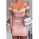 Ladies Chic Plain Pink Off Shoulder Lace Up Gathered Waist Pink Ruched Fitted Mini Dress