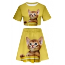 Lovely Cat 3D Printed Short Sleeve Cropped T-Shirt & Elastic Waist Midi Skirt Two Pieces Tracksuit