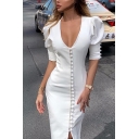 Ladies Elegant Plain White Puff-Sleeve V Neck Single Breasted Midi Fitted Party Dress