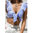 Womens Fashion Sky Blue Stripe Printed Ruffled Straps Bow Front Backless Cropped Tank Top