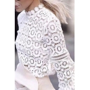 Womens Fall Fashion Plain White Lantern Long Sleeve Hollow Out Geometric Lace Blouse Top