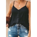 Womens Fashionable Plain V-neck Button Down Backless Loose Cami Tank