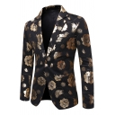 Mens Retro Floral Pattern Single Button Long Sleeve Slim Fitted Blazer Coat