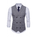 Simple Plaid Printed Sleeveless Shawl Collar Double Breasted Asymmetric Hem Business Suit Vest