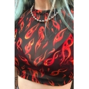 Edgy Girls Short Sleeve Crew Neck Flame Patterned See-Through Mesh Black Fitted Crop Tee