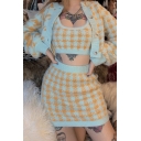 Fashion Edgy Girls' Elastic Waist Contrast Plaid Patterned Fluffy Fitted Short Skirt in Blue