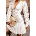 Beautiful Ladies' Long Sleeve Deep V-Neck Floral Embroidered Ruffled Trim Patched Pleated Bodycon A-Line Dress in White