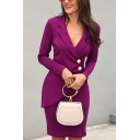 Female Elegant Purple Long Sleeve Surplice Neck Button Short Tight Wrap Blazer Dress
