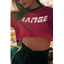 Fashion Street Short Sleeve Crew Neck Letter RANGE Print Contrast Piped Loose Fit Crop T-Shirt for Girls