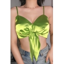 Stylish Fancy Girls' Sleeveless Tied Front Satin Fitted Green Crop Cami Top for Party