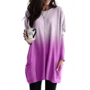 Ladies Unique Ombre Color Long Sleeve Loose Tunic T-Shirt with Dual Pocket