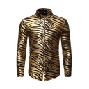 Mens Cool Metallic Zebra Printed Long Sleeve Button Up Skinny Fit Non-Iron Club Shirt