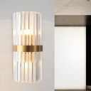 Gold Cylinder Wall Light Fixture Modern 2 Heads Tri-Sided Crystal Rod Sconce Light