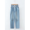 Lovely Cat Face Embroidery Print Drawstring Waist Loose Fit Casual Jeans