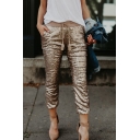 Hot Street Women's Drawstring Waist Sequined Slim Fit Cropped Leg Pants in Gold