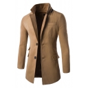 Plain Long Sleeve Stand Collar Single Breasted False Pocket Slim Fit Wool Coat Overcoat for Men
