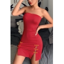 Chinese Style Plain Red Trendy Strapless Slim Fit Front Split Mini Bandeau Cheongsam Tube Dress