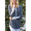 Womens Leisure Stripes Print Lace Panelled Long Sleeve Button Placket Arc Hem Relaxed T-Shirt