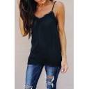 Womens Sexy Whole Colored Raw Edges V-Neck Open Back Cami Tank