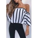 Womens Classic Black & White Striped Bell Sleeve Off Shoulder Loose Fit Sexy Blouse Top
