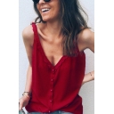 Womens Fashionable Solid Color V-Neck Sleeveless Button Down Leisure Cami Tank