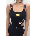 Street Cool Black Sleeveless Scoop Neck Buckle Strap ROCH'MORE Letter Flame and Flag Print High Cut Fitted Bodysuit for Ladies