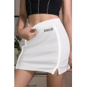 Casual White Girls' Elastic Waisted Letter KISSGOD Contrast Stitch Reflective Patched Slit Tight Short Skirt