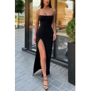 Summer Fashionable Plain Side Split Fitted Maxi Party Strap Dress for Women