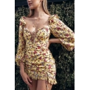 Womens Retro Floral Print Lantern Sleeve Lace Up Front Drawstring Ruched Yellow Mini Dress