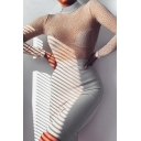 Hot Drilling Decoration Mesh Patchwork Long Sleeve High Collar Color Block Midi Party Dress
