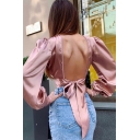 Womens Sexy Plain Pink High Collar Lantern Long-Sleeved Backless Tied Back Crop Silk Shirt