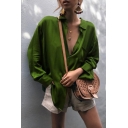 Womens Casual Plain Green Long Sleeve Single Breasted Loose Satin Shirt Blouse