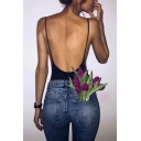 Black Hot Unique Sleeveless Open Back Cutton Fitted Bodysuit for Girls