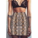 Brown Dressy Fashion High Waisted Snake Pattern Zip Side Petite Skirt for Ladies