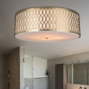 White 4/3-Light Flush Light Traditional Fabric Round Ceiling Mounted Lamp with Gold Metal Mesh Frame, 16