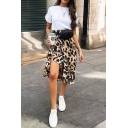 Brown Street Fancy High Waist Leopard Print Ruffled Trim Asymmetric Midi Flowy Skirt for Girls