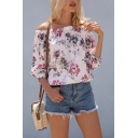 Womens Sexy Off the Shoulder Floral Print Bow Tied Cuff Loose Casual T-Shirt