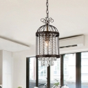 Metal Bird Cage Hanging Light Fixture Vintage 1 Light Pendant Light with Crystal Beaded Strand in Antique Bronze