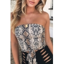 Edgy Girls Sleeveless Strapless Snake Print Tied Slim Fit Crop Tube Top